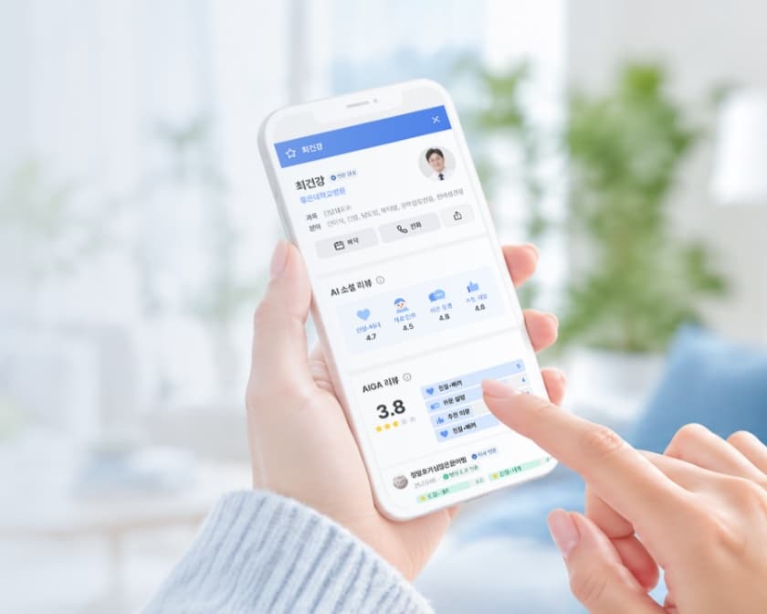 AIGA 앱의 의사 상세 화면이 보이는 서비스 소개 이미지